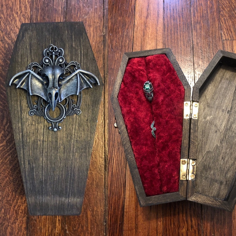 Vintage Inspired Wooden Coffin Ring Jewelry Box Victorian Gothic Vampire Wedding